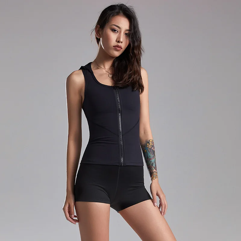 Women Sports Shirts Zipper Hooded Yoga Vest Running Fitness Sleeveless T-shirts Girls Jogging Tank Tops Gym Workout Vest Hoodies