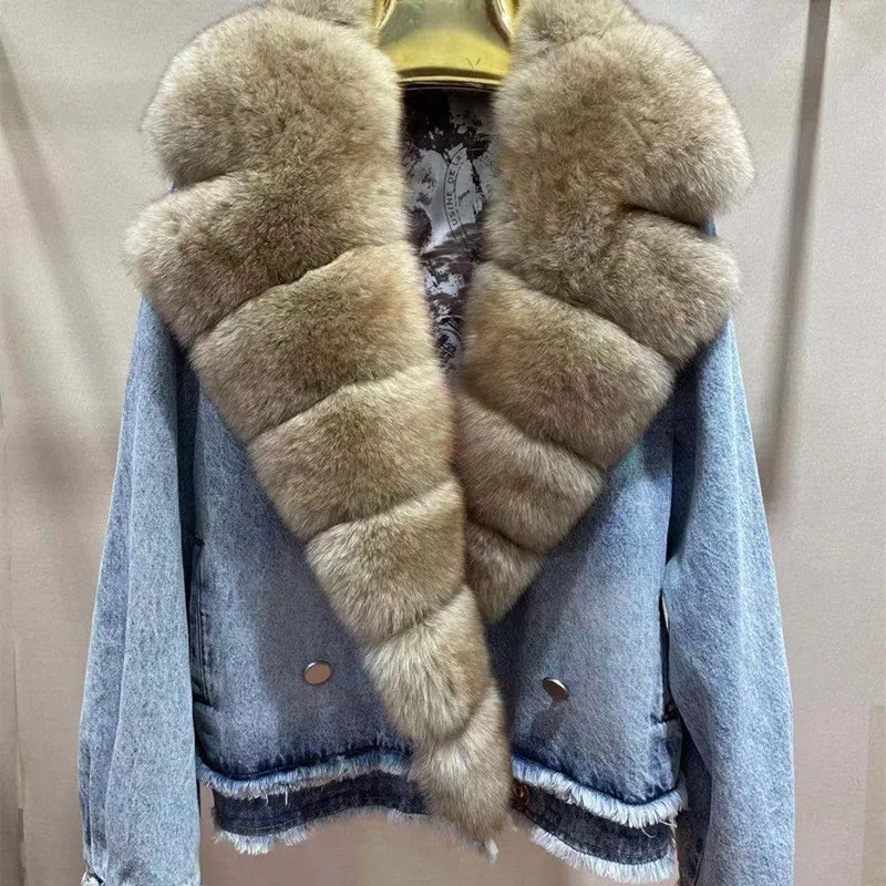 Mantel Bulu Asli Kualitas Tinggi FURSARCAR Mantel Wanita Musim Dingin 2021 Jaket Sambungan Jeans Kerah Bulu Rubah Hangat Mode Baru Mantel Wanita