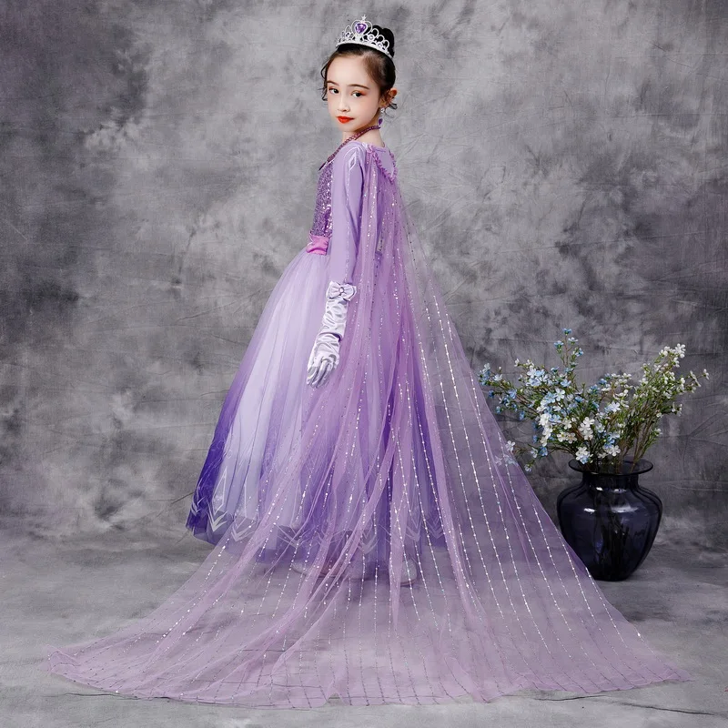 Girls Cartoon Movie Purple Long Sleeve Dress Costume Princess Snow Queen Dressing Up With Cape For Girl  Carnival Fancy Dress