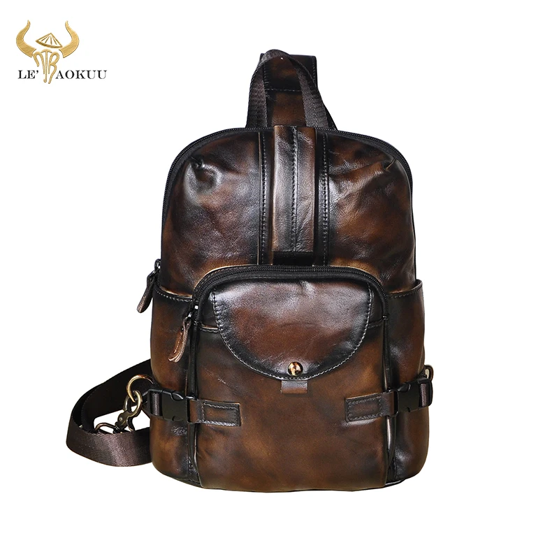 Men Real Cow Leather Casual Fashion Coffee Triangle Cross-body Chest Sling Bag Design Travel One Shoulder Bag Daypack Male 3028