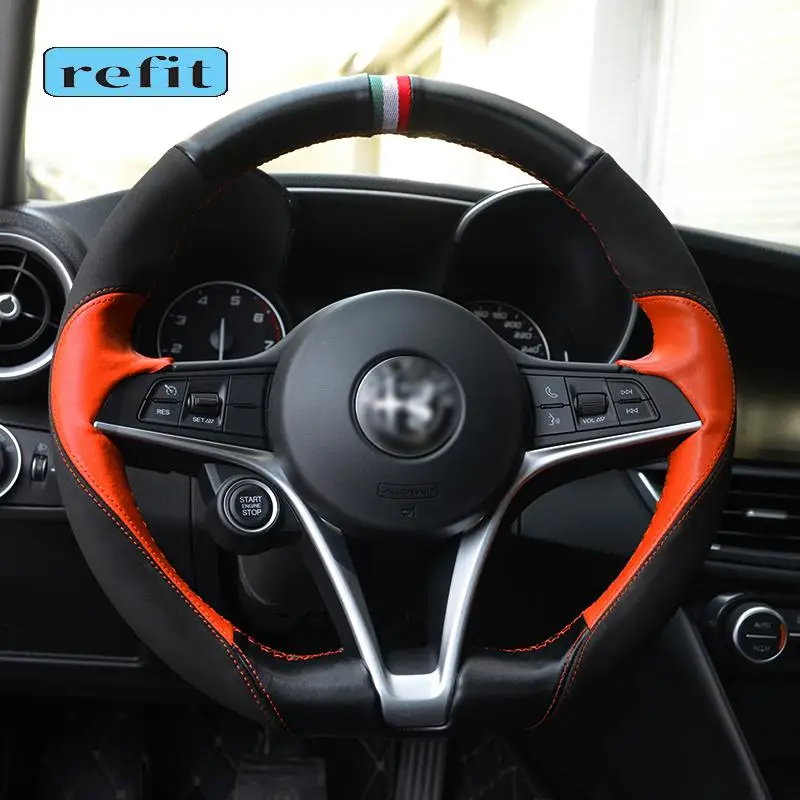 Hand-sewn steering wheel cover leather handle cover holster For Alfa Romeo Giulia Stelvio Car steering wheel protective case