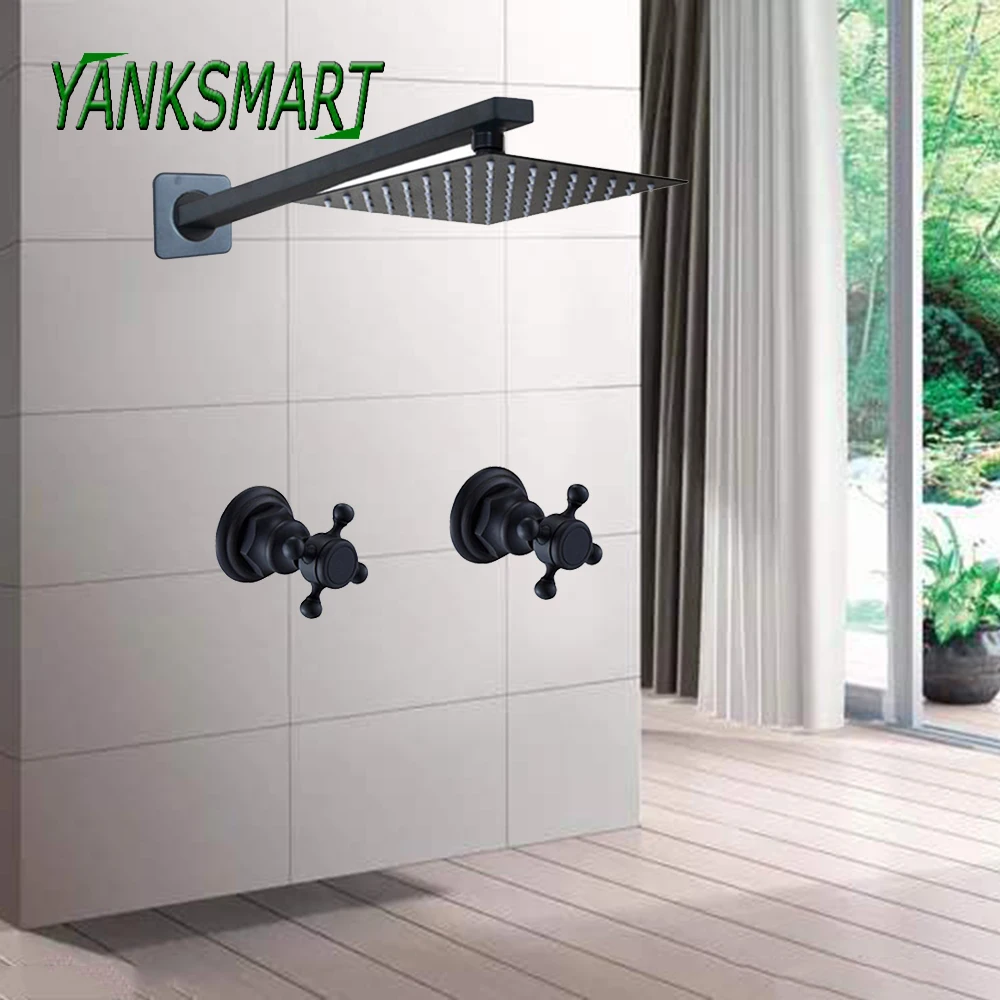 

YANKSMART Luxury Blacked Wall Mounted 3 Pcs Bathroom Shower Sets Rainfall Square Shower Head With Arm Tap Double Handle Taps