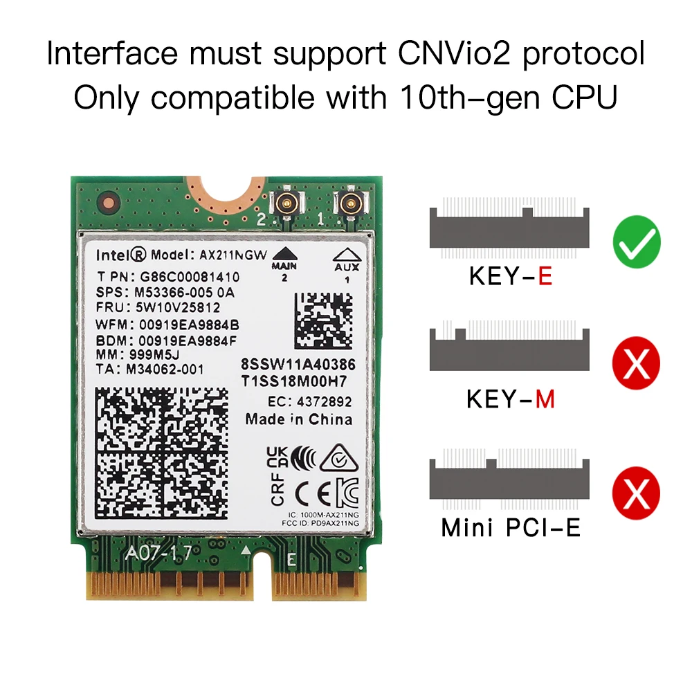 WiFi 6E AX211NGW Trị Băng Tần 2.4G/5G/6Ghz Mạng Không Dây Wifi Adapter Thẻ Bluetooth 5.2 Intel AX211 M.2 KeyE CNVio Windows11