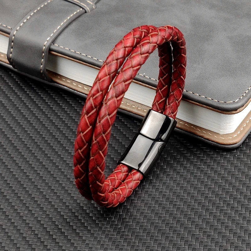 MingAo Trendy Male Cuff Bracelets Simple Retro Red Double Leather Rope Bangle With 316l Stainless Steel Magnet Clasp Men Jewelry