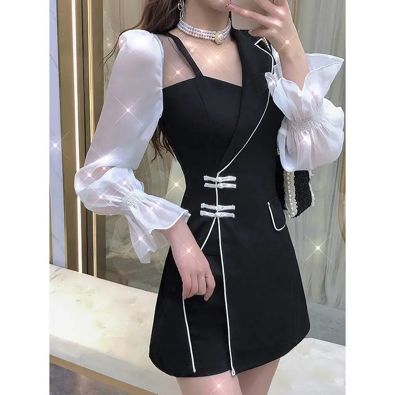 Asymmetric Suit Collar Patchwork Flared Sleeves Retro Buckle Split Top Base Shorts Two-Piece Suit Spring New Women's Clothes