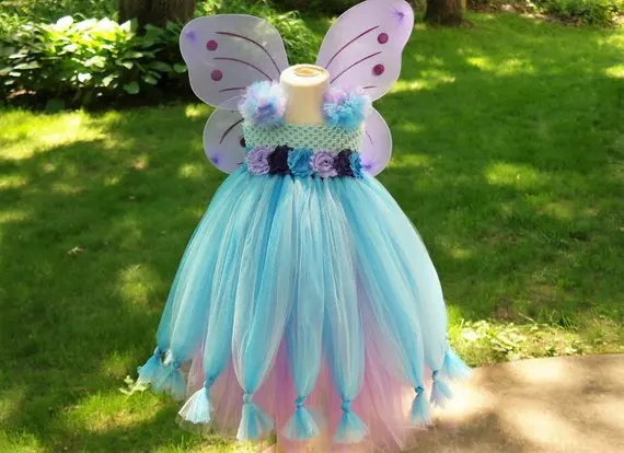 Girls Aqua Butterfly Fairy Flower Tutu Dress Kids Tulle Dress Ball Gown with Wing Children Christmas Party Cosplay Costume Dress