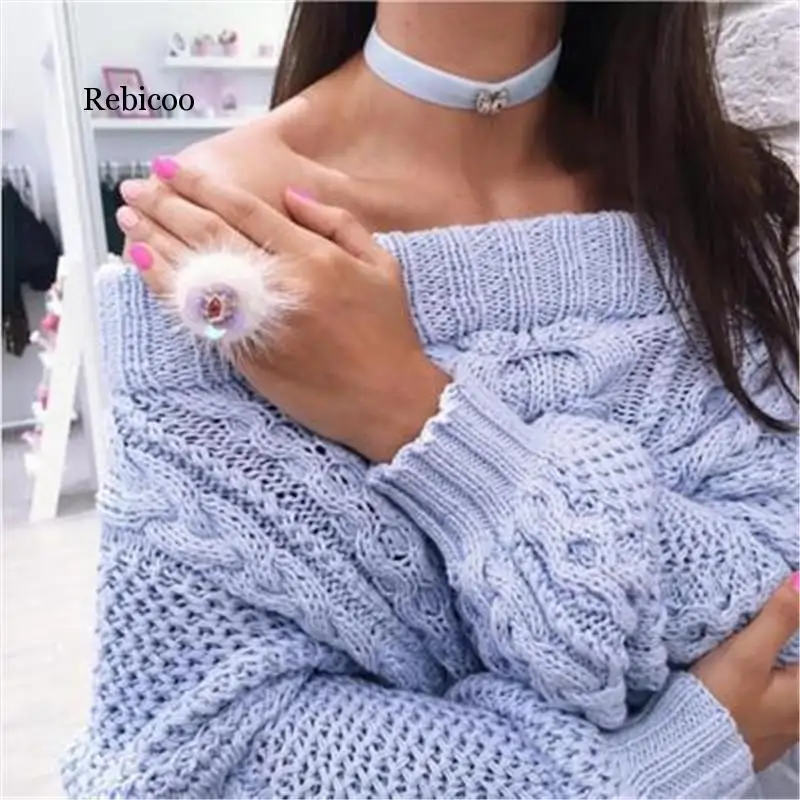 

autumn winter fashion word shoulder tube top loose puff sleeve women's solid color explosions single item knitted sweater