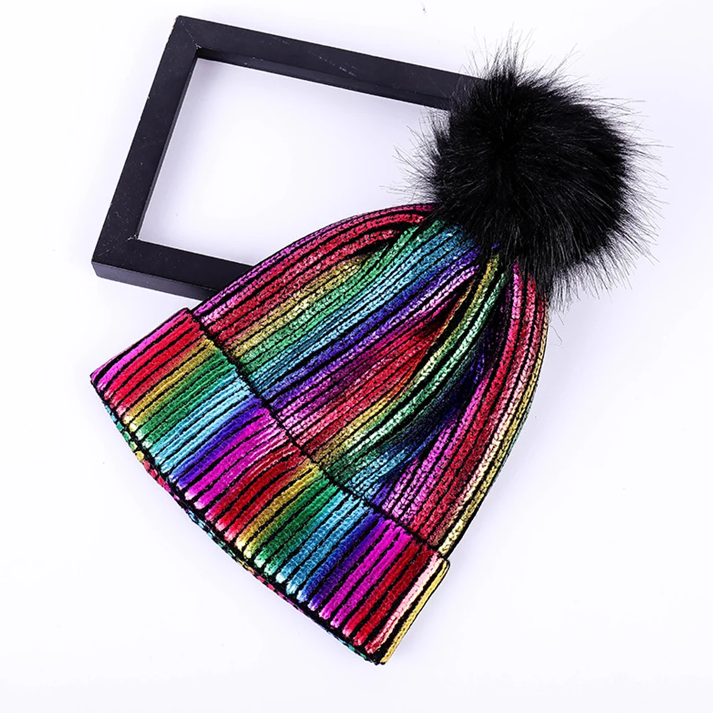 Hair Ball Warm Knitted Metallic Shiny Girl Autumn Winter Soft Crochet Cute Pompom Cap Beanie Windproof Solid Women Hats