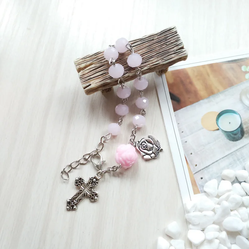 QIGO Pink Crystal Strand Cross Rosary Bracelet Religious Jewelry