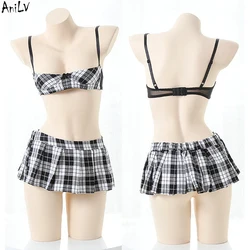 AniLV Japanese Student Girl Grey Plaid Bikini Role Pajamas Uniform Costume Women Maid Sleepwear Lingerie Cosplay Pleated Skirt