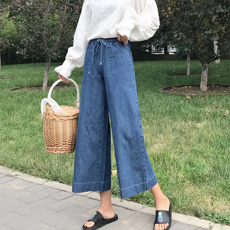 Wiosna Korea moda damska wysoka talia Vintage niebieskie luźne jeansy wszystkie dopasowane dorywczo bawełniane spodnie jeansowe szerokie nogawki V613