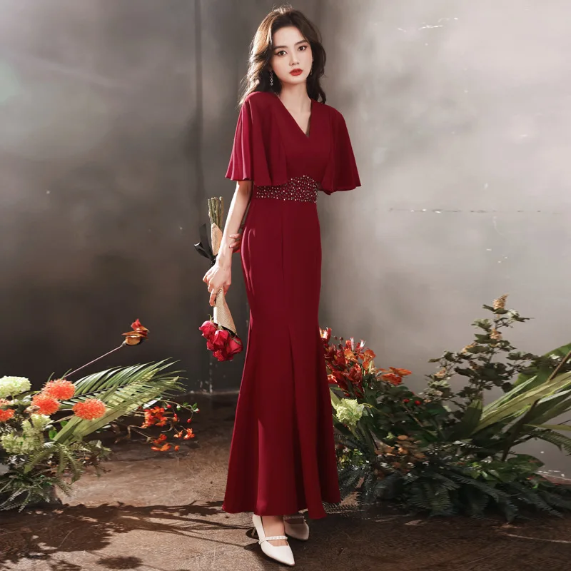 

Long Mermaid Cheongsam Batwing Sleeve Qipao Rhinestone Sequins Evening Party Dresses Gown Pleated Lady Vestidos De Soiree