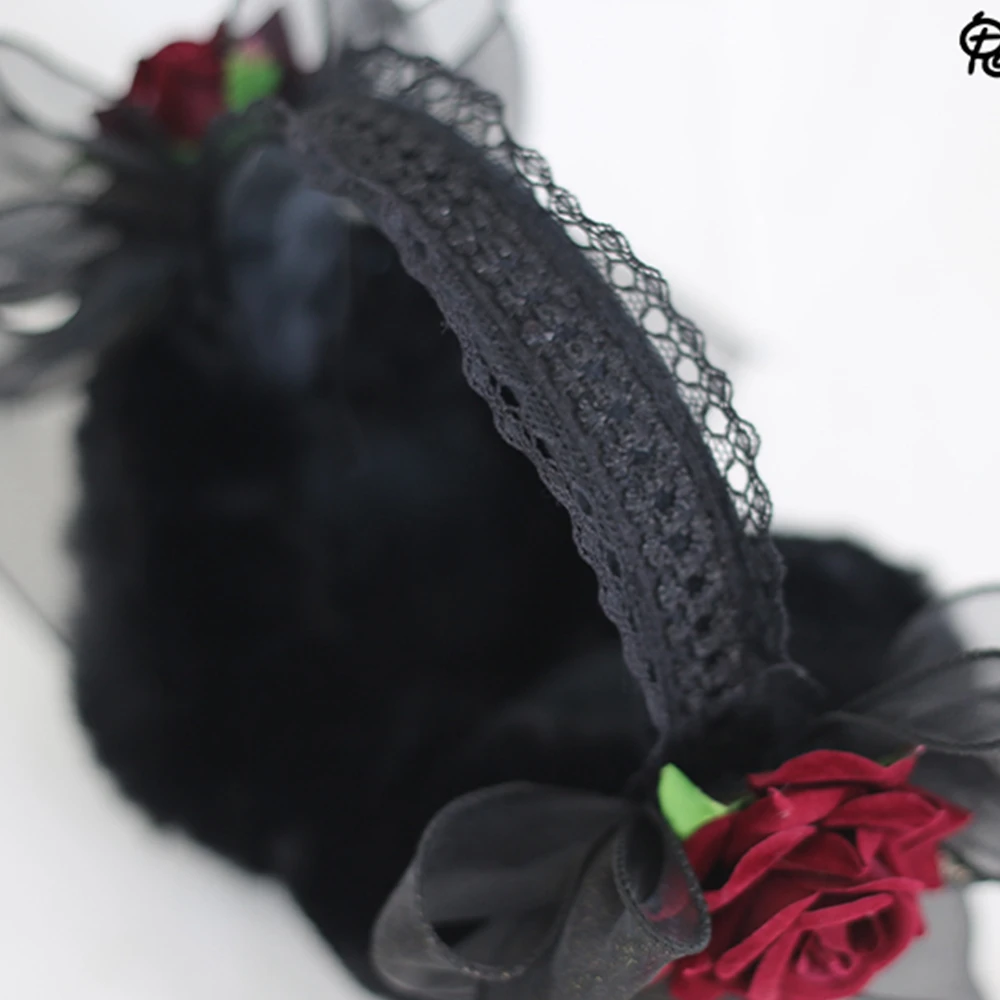 Orejeras góticas del diablo para mujer, orejeras negras de Halloween, a la moda, pliegues encantadores, cálidas de alta calidad, suaves, rosas de felpa