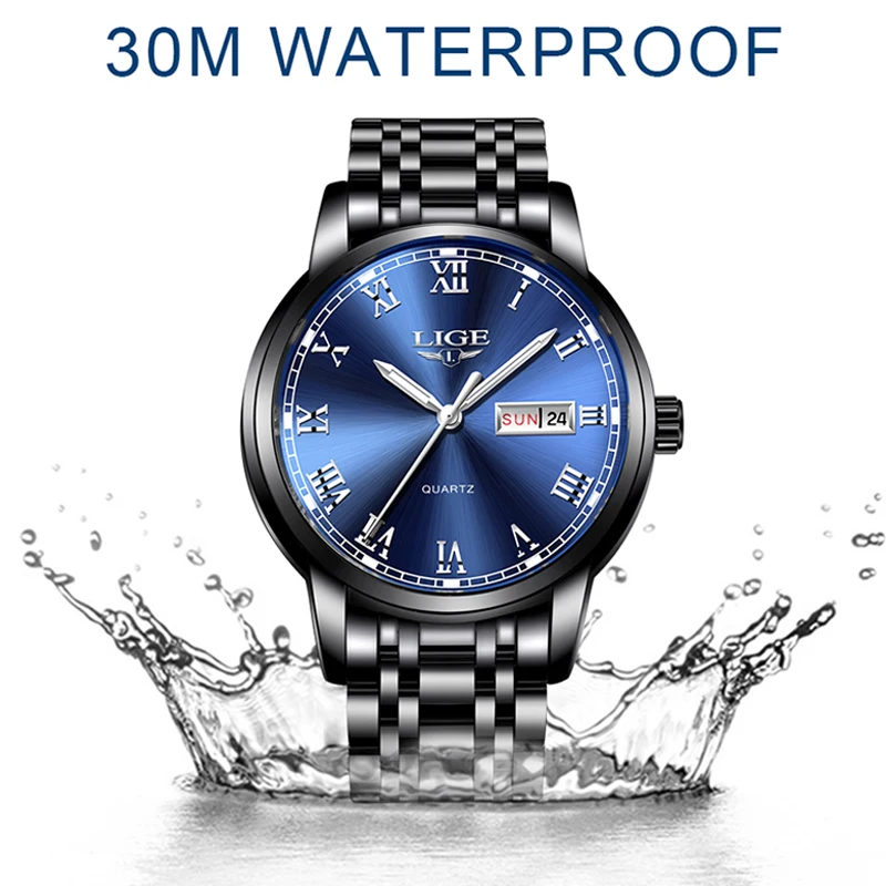 2023 New Watches Mens LIGE Top Brand Fashion Date Week Male Stainless Steel Waterproof Business Men WristWatch Relogio Masculino