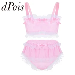 2Pcs Mens Ruffled Lace Sheer Chiffon Sissy Lingerie Set Sleeveless Crop Top with Skirted Petticoated Panties Sexy Men Underwear