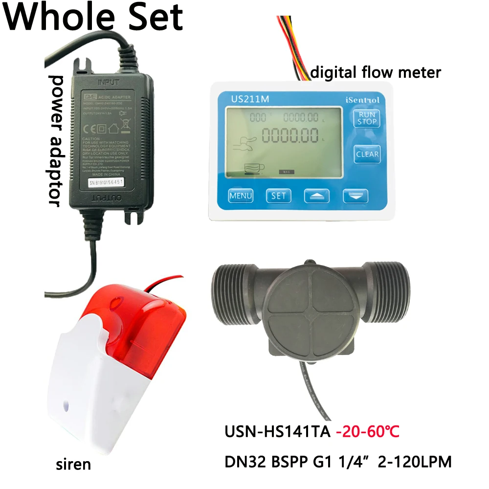 US211MA Water Flow Meter Totalizer Alarmer and PA66 USN-HS141TA  Flow Senor Turbine flowmeter G1-1/4