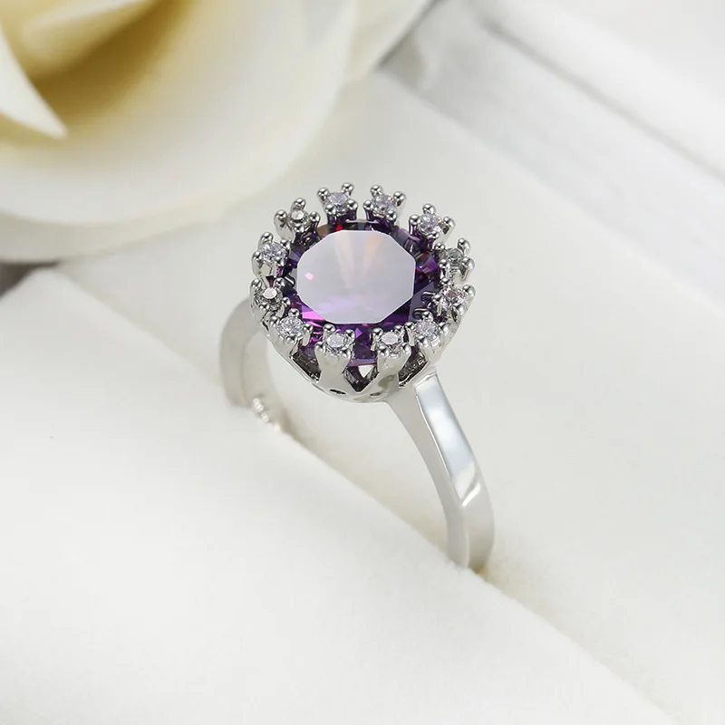 2021 Shinning Purple Crystal Silver Color Ring Jewelry From Austria CZ For Women Bague Luxury Flower Jewelry