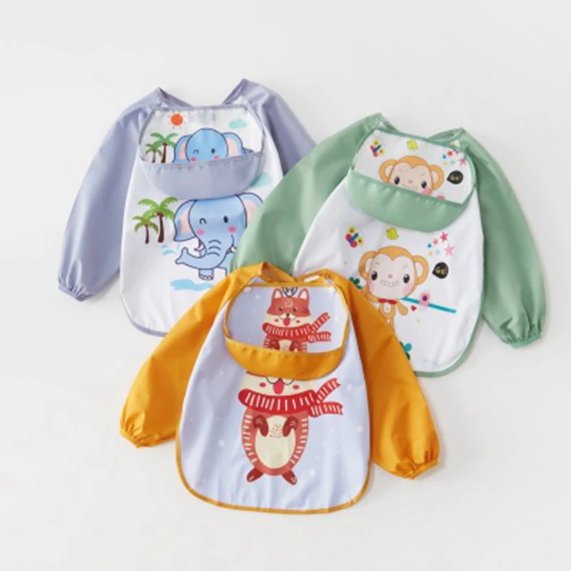 Baby Kids Toddler Long Sleeve Scarf Waterproof Art Smock Feeding Bib Apron Pocket Infant Boys Girls Burp Cloth Cartoon Bibs