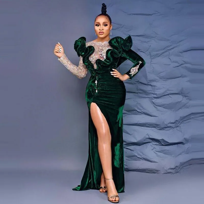 Dark Green Velvet Mermaid Evening Dresses Appliques Lace Long Sleeves Aso Ebi Party Gown Ruffles African Side Split Prom Dress