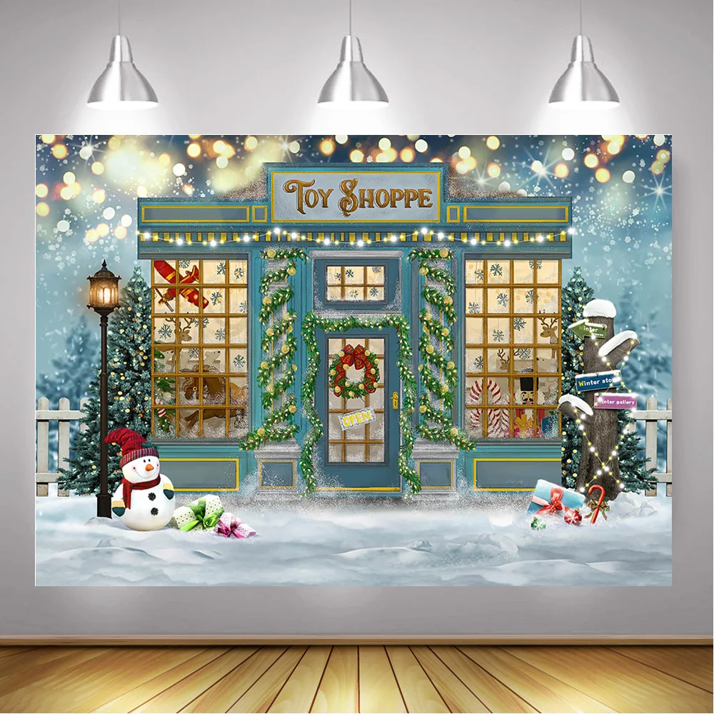 Mainan Musim Dingin Shoppe latar belakang Natal Photocall Bokeh salju manusia salju potret latar belakang fotografi pohon Snowfiled latar belakang