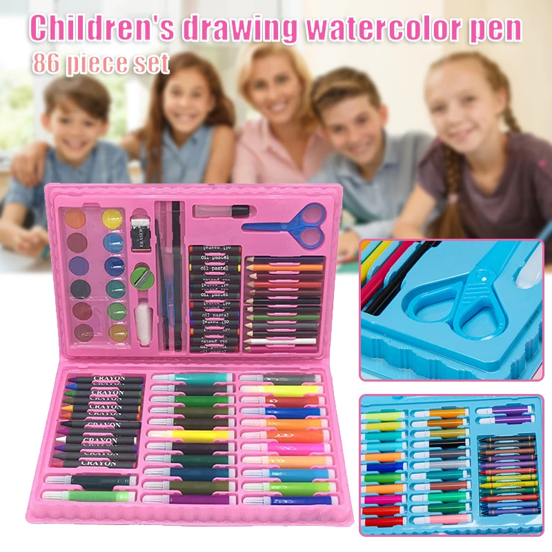 86pcs Children Painting Set Water Color Pen Crayon Oil Pastel Brush Drawing Tool with Portable Box Kids\' Birthday Gift 2022 NEW