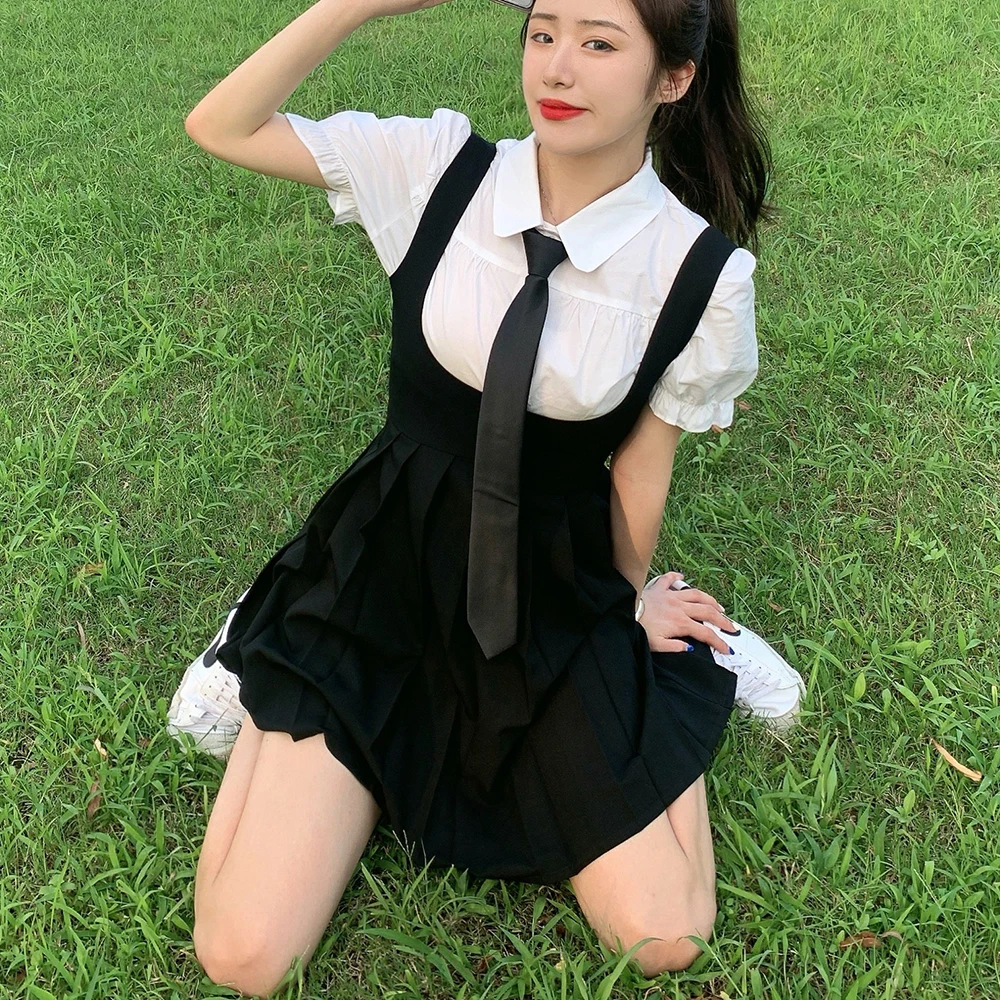 Women Dress Sets Preppy Style Slim High Street Girl Sweet Ins Puff Sleeve Shirts Pleated Dresses Student Harajuku Ulzzang JK Hot