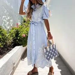 2024 Elegant Embroidered Women Maxi Dress Chic Lapel Long Sleeve High Waist Lace Up Dresses Fashion Female Solid Vestidos