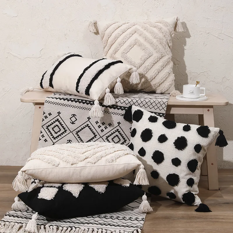 Embroidery Cushion Cover Beige White Tassels Pillow Covers Decorative Black Pillow Case Square Home Boho Decor Tufted Pillowcase