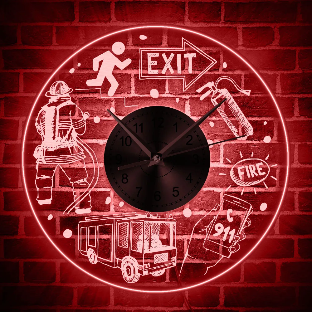 Fire Rescue Firefighter LED Lighting Wall Clock Public Safety Acrylic Luminous Wall Light Extinguisher Fire Dept. Decor Clock