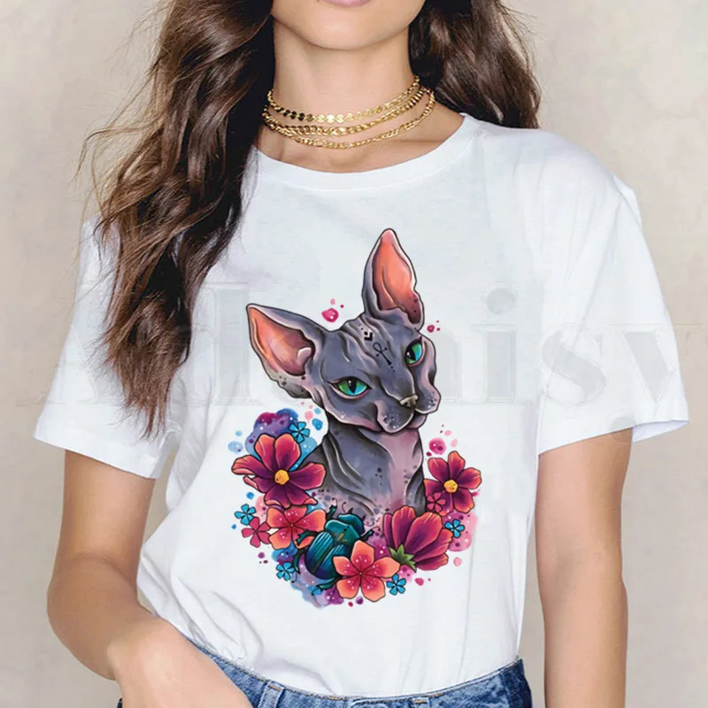 Sphynx cats t-shirts Printed Cartoon cat T Shirts funny Short Sleeve Female Tops Tees Harajuku Vintage Women\'s T-shirt clothing