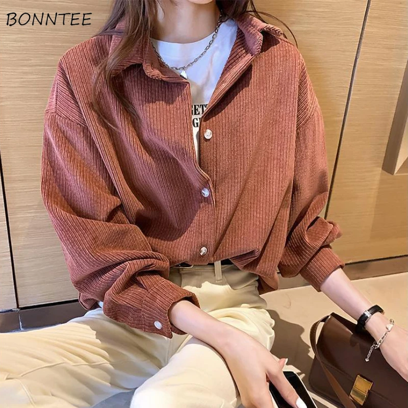 Shirts Women Corduroy Single-breasted Button Solid College Sweet 4 Colors Fashion Spring Autumn Straight All-match Soft