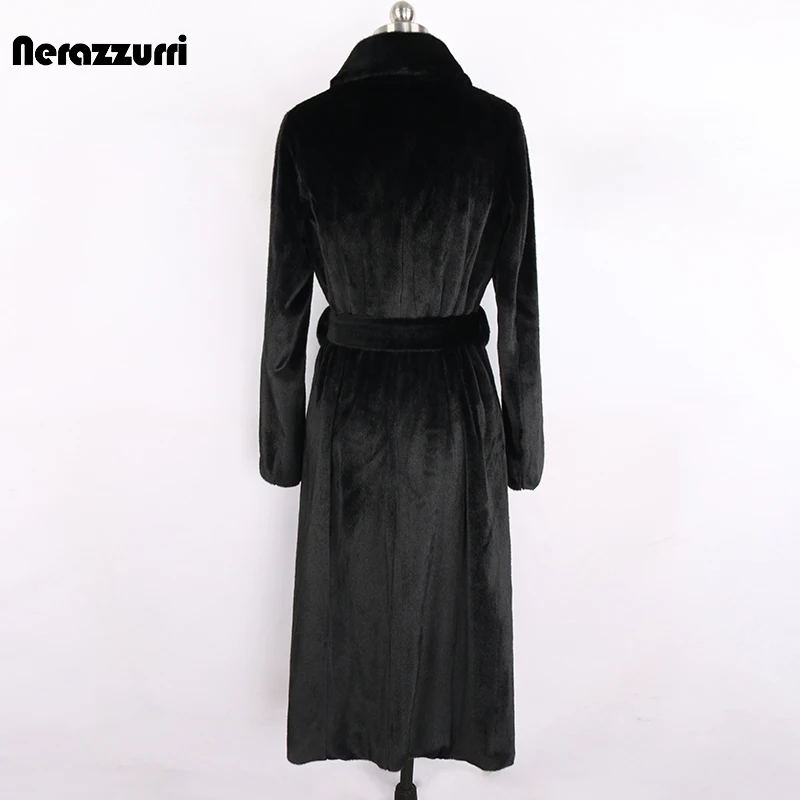 Nerazzurri Autumn Winter Long Fitte Soft Black Fluffy Faux Fur Coat Women Sashes Turn-down Collar Elegant Furry Overcoat 2024