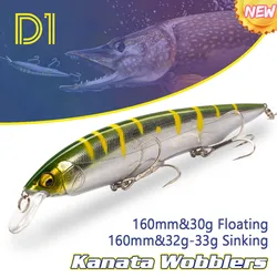 Jerkbait de cara plana D1, 160mm, 30g, Wobblers flotantes de Lucio, pesca en el mar, profundidad de 0,8 - 1,2 m, señuelo que se hunde, 32g, 33g, buenos cebos DT5012