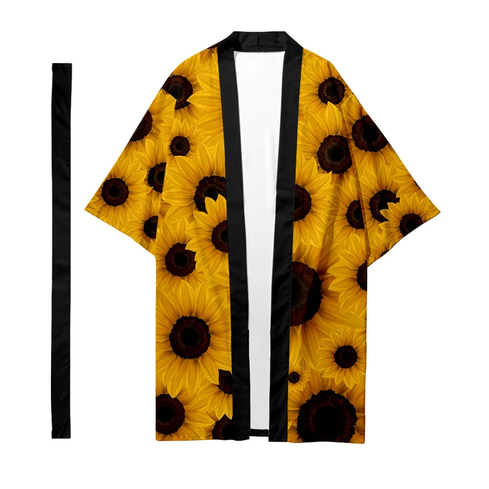 

Sunflower Printed Long Style Kimono Beach Cardigan With Belt Japanese Couple Women Men Casual Asian Clothes Harajuku