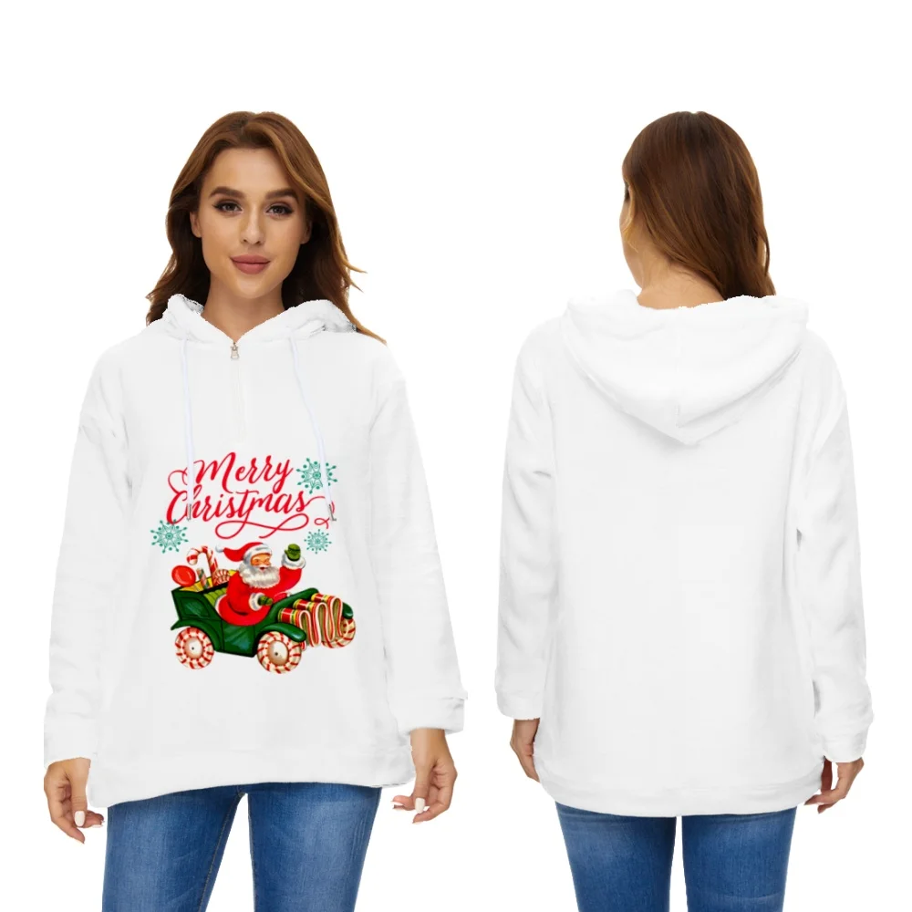 Winter Plush Half-zip Hooded Women Sweatshirt Santa Claus Print Fleece Hoody Women Christmas Hooded Sweat Oversize Femme Coat