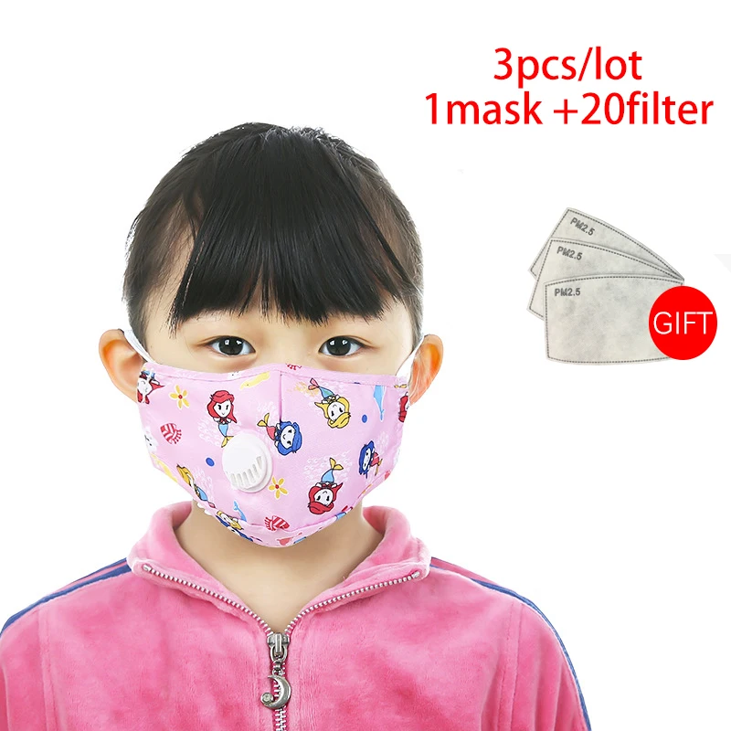 3PCS/20FILTERS Cute Kid's Cotton Mask Washable Reusable Face Dust Mask Anti Air Pollution 3D Design Mascara Children Mask