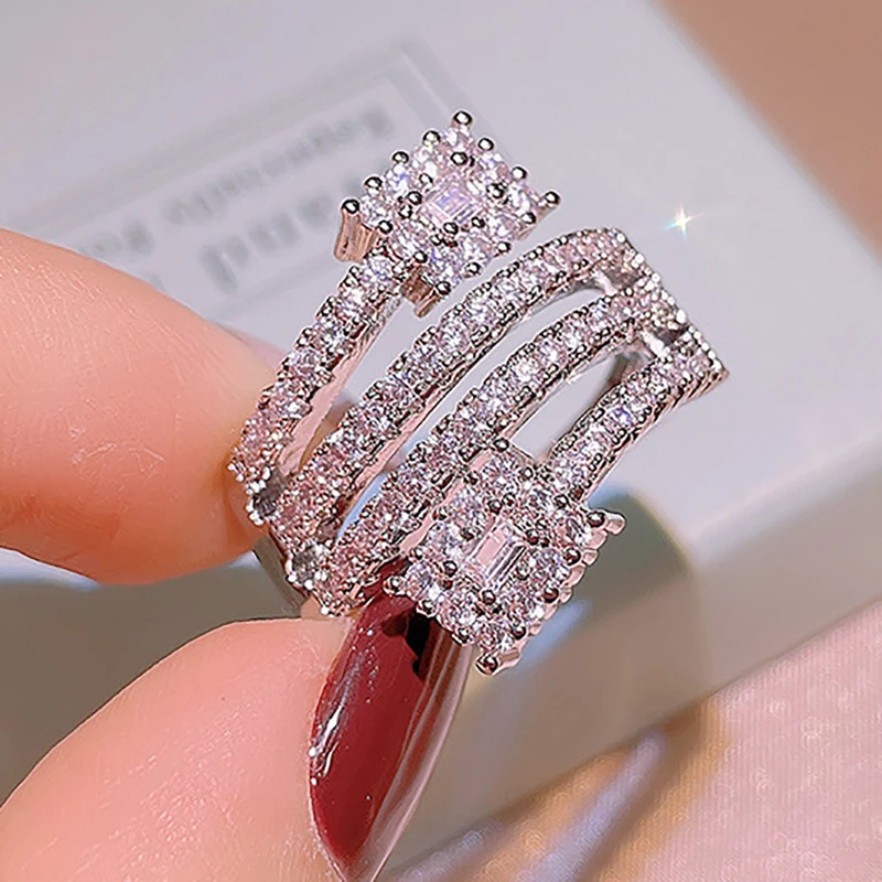 

NEW Trend Women Ring Four Row White Cubic Zirconia Several S925 Silver Line Shapes Fashion Charm Engagement Party Jewelry