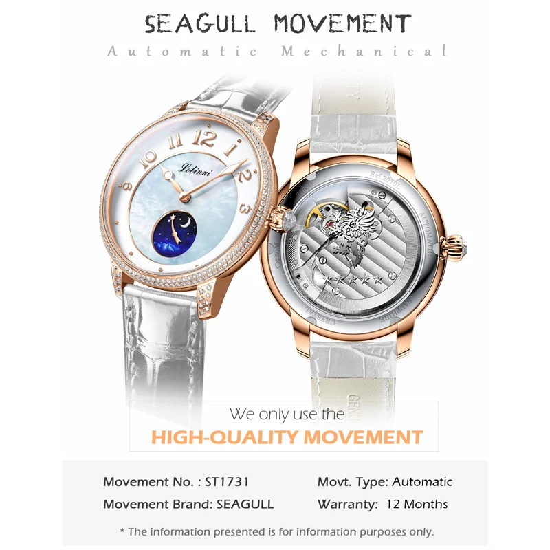 LOBINNI 2021 NEW Ladies Luxury Watches Seagull Movement Automatic Mechanical Watchs Mother-of-Pearl Dial Ladies Wristwatch