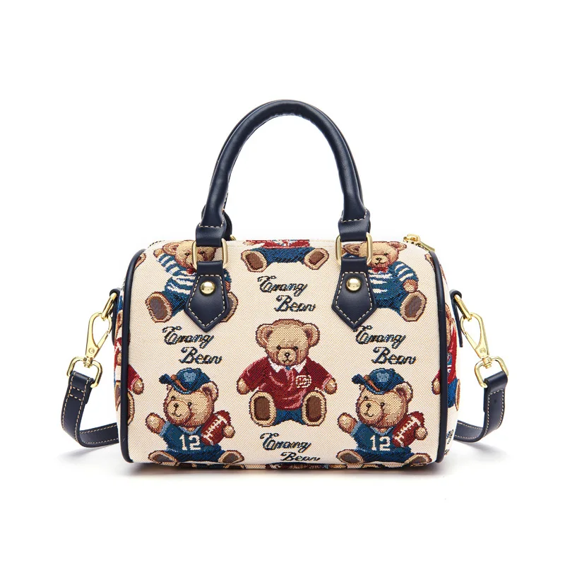 zoey The new Boston Canvas 2021 Women\'s Fashionable Cute Bear One-shouldered Crossspan Handbag