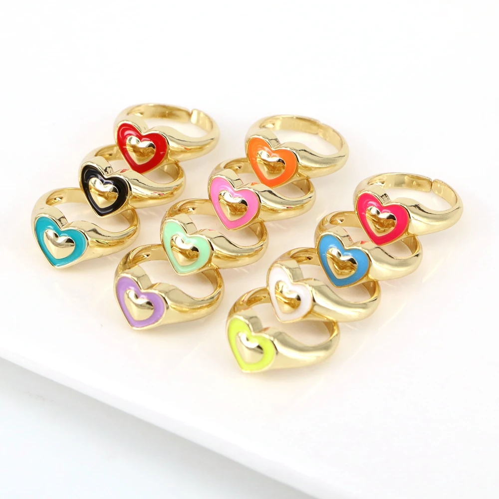 

10PCS, Dainty Enamel Rings Heart Gold-Color Rings For Women Ordinary Heart Shape Copper Ring 2021 NEW Jewelry