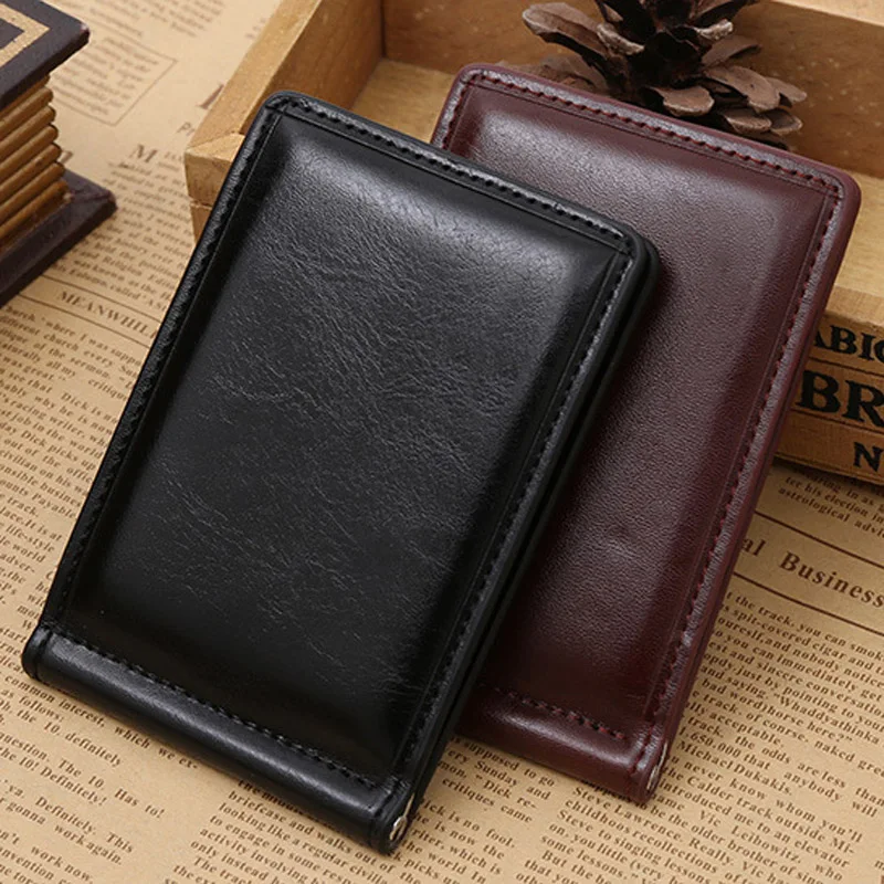 Hot Sale Men\'s Leather Money Clip Wallet With Coin Pocket Zipper Bag For Man Portable Magnet Hasp Purse Credit Card Cash Holder