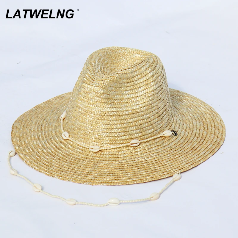 2022 New Seashells Beaded Beach Hats With Chain For Women Fashion Straw Woven Fedora Sun Hats Summer Holidaty Panama Hat