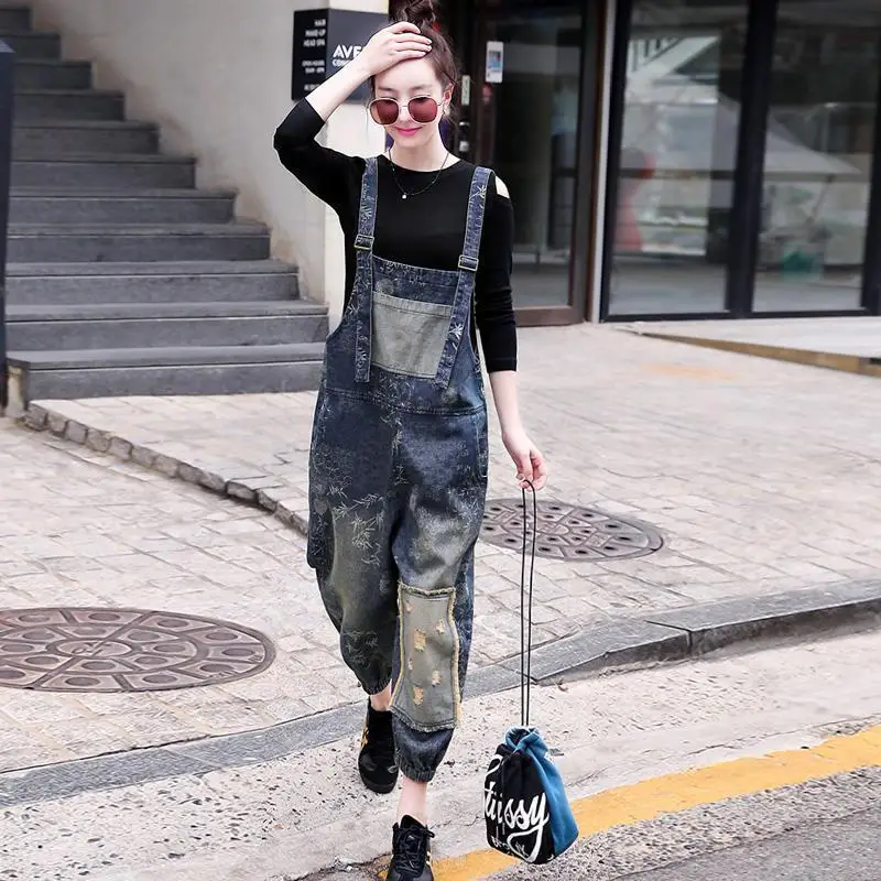 Ladies Denim Overalls Bloomers Cropped Trousers Summer New Korean Version of The Straight Loose and Thin Overalls Overalls