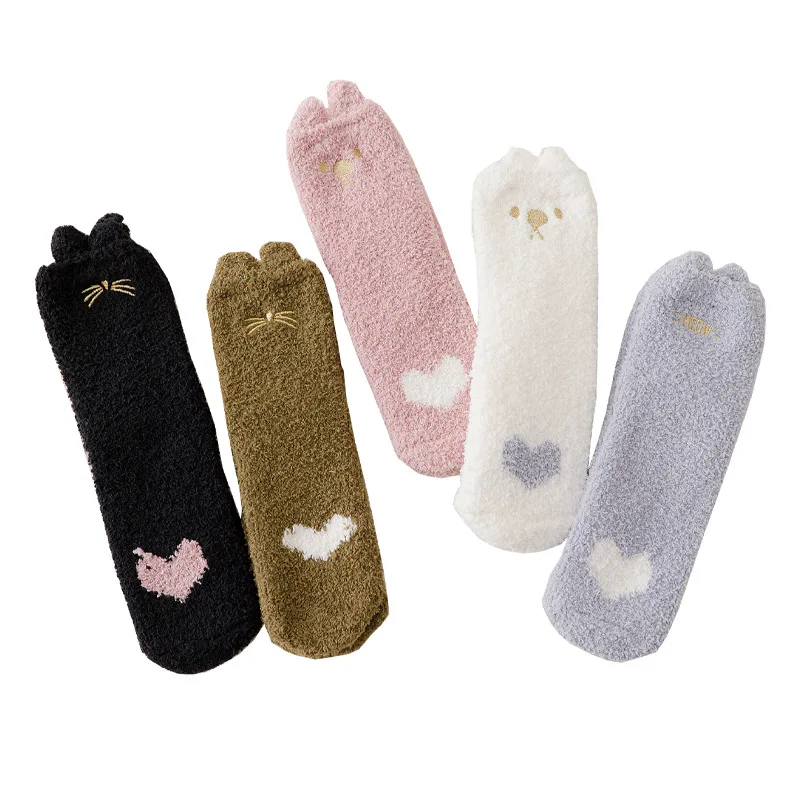 Chaussettes en peluche molletonnées de corail pour femmes, 3 paires, chaussettes chaudes, mignonnes, épaisses, avec griffes de chat, automne et hiver