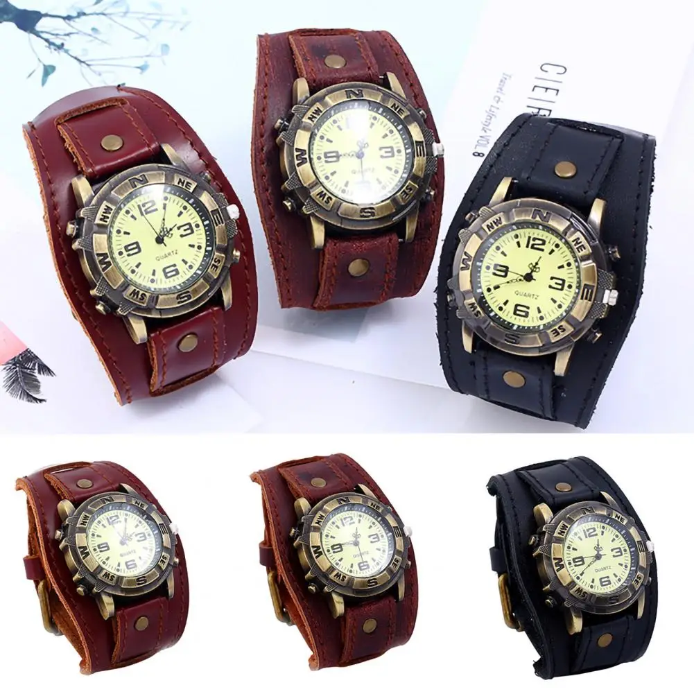 Dropshipping Vintage Women Men Punk Faux Leather Round Dial Quartz Bracelet Wrist Watches