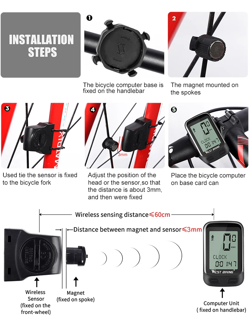 WEST BIKING Waterproof 5 Language Bike Computer Wireless Stopwatch MTB Road Bike Speedometer Cycling Odometer Bicycle Computer