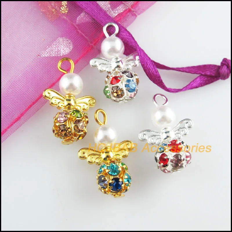 10Pcs Silver Plated & Gold Color Colored Crystal White Angel Charms Pendants 14x22mm