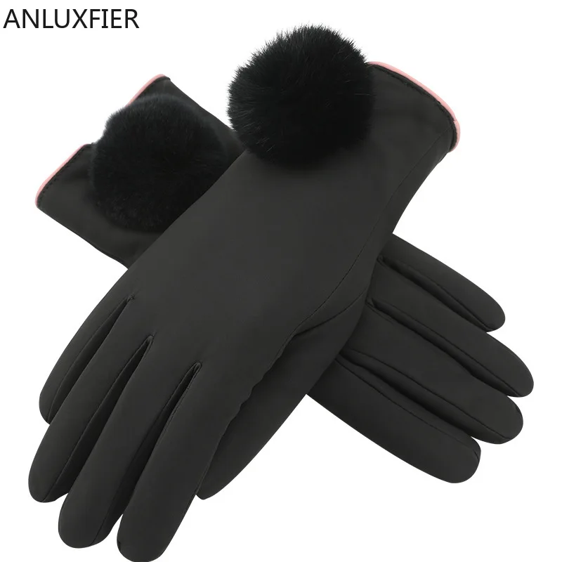 

H10023 Women Leather Gloves Outdoor Riding Driving Autumn Winter Touch Screen Mittens Plush Warm Thermal Wool Ball Hand Muff