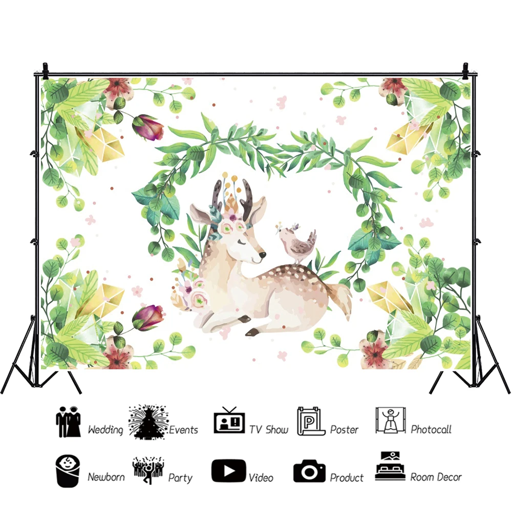 Laeacco Cartoon Sika Deer Plant Flower Pattern Baby Shower Birthday Party Decor Customized Photography Background Photo Backdrop