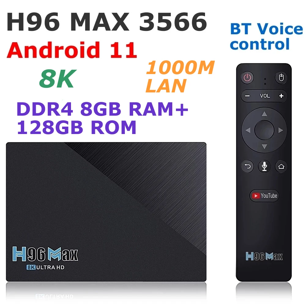 

H96 MAX 3566 Android 11 TV Box Rockchip RK3566 DDR4 8G RAM 128G ROM 8K BT Voice control 5G Dual WIFI 1000M Lan Media Player